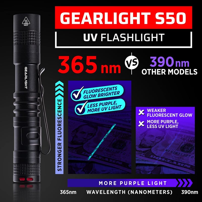 GearLight UV Flashlight S50-365 nm Mini Blacklight Ultraviolet Pen Flashlights for ID Check, Leak AC Detection, Resin Curing - Pet Urine, Scorpion, Stain Handheld Detector - (Pocket Light) - 2 Pack - Image 5